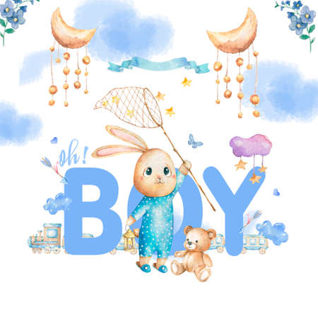 Cute happy birthday card with cartoon Bunny and baby room, butterfly and catoon. Watercolor rabbit clip art and beauty boho. Baby Shower card nurseryの写真素材