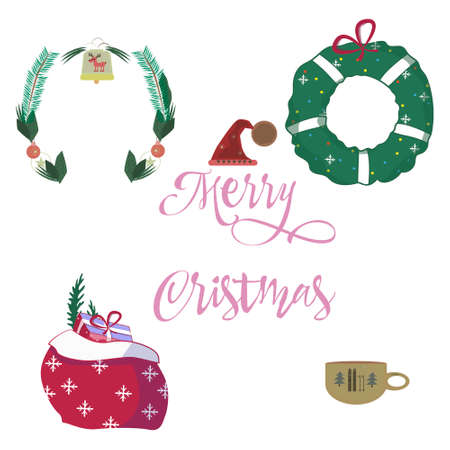 Set of Santa Clauses ready for Christmas Christmas Tree. Text. Vector illustration. Clip art. Gift box new years eveのイラスト素材