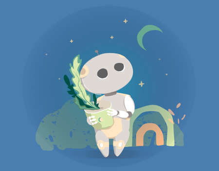 Modern Robot Isolated On Blue Background Cute Cartoon Character Artificial Intelligence Concept Flat Vector Illustrationのイラスト素材