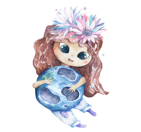 Watercolor cute smiling girl, brown hair blue planet flying in space Cartoon colorful isolated illustration with stars and rocktes.の写真素材