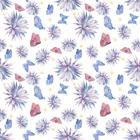 Cactus Blossom, Shallow Depth of Field. Adorable watercolor cute colorful illustration with butterfly blue and pink background Seamless pattern Orchid Cactus Queen of the Night, Epiphyllum Oxypetalum.の写真素材