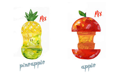 Cut red apple and pinapple watercolor fresh clip art juice style color drawing on white background.