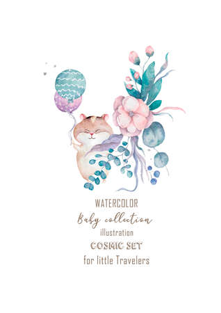 Funny hamster Watercolor Set with space objects isolated on white Cartoon illustration for children Baby Showerの写真素材