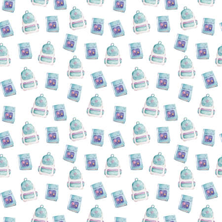 Cute watercolor cartoon backpage and book of astronomy seamless pattern on white background Cartoon colorful illustration for educationの写真素材