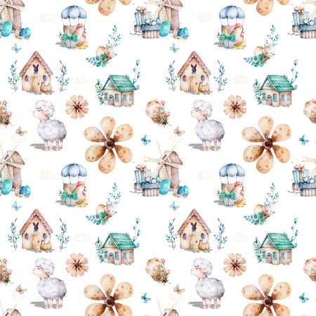 Cute baby sheep animal seamless pattern, farm illustration for children clothing. Farm watercolor Hand drawn boho image for cases design, nursery postersの写真素材