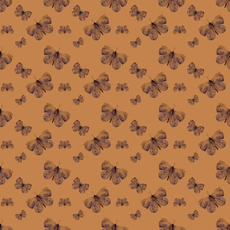 Seamless Pattern with Flying Butterflies and Pansy Flowers in Watercolor Style. Beauty in Nature. Background for Fabric, Textile, Print and Invitation. illustrationの写真素材