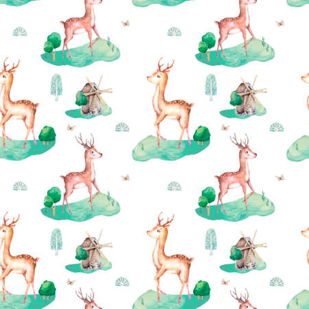 Cute cartoon deer seamless pattern. Colorful illustration for fabric print, wallpaper, wrapping paper.の写真素材