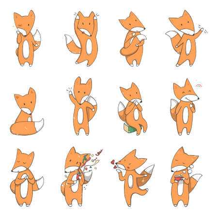 nine cute hand-drawn cartoon foxesのイラスト素材