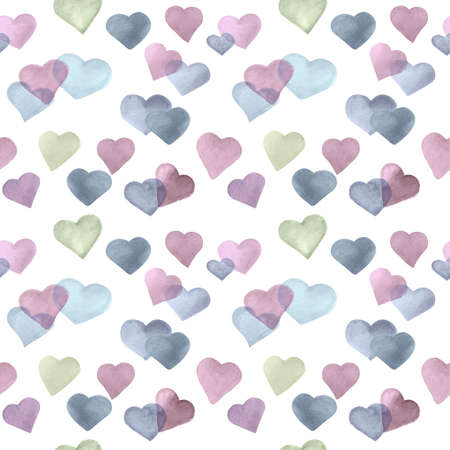 Seamless colorful hearts pattern. Hand drawn watercolor illustration on white backgroundの写真素材