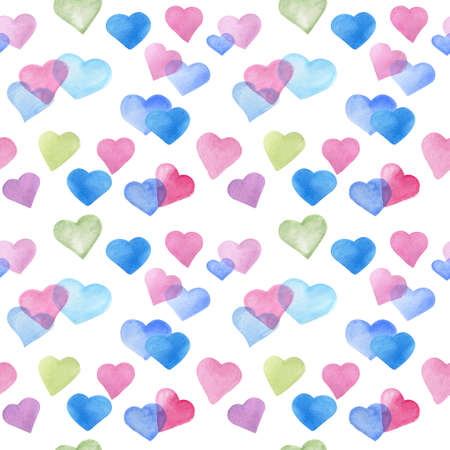 Seamless colorful hearts pattern. Hand drawn watercolor illustration on white backgroundの写真素材