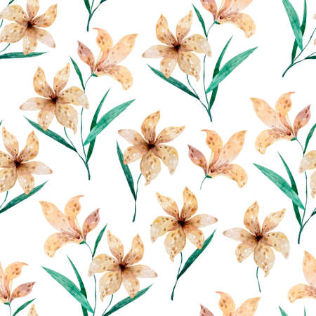 Seamless flower pattern beautiful lily flowers in watercolor style on white backgroundの写真素材