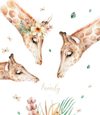 Poster with giraffe. Watercolor cartoon giraffe tropical animal illustration. Jungle exotic summer designの写真素材