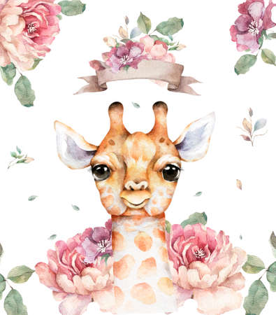 Poster with a baby giraffe. Watercolor cartoon giraffe tropical animal illustration. Jungle exotic summer designの写真素材