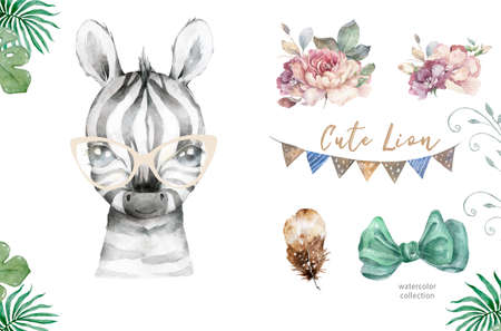 Watercolor set of forest cartoon isolated cute baby fox, deer, raccoon and owl animal with flowers. Nursery woodland illustration. Bohemian boho drawing for nursery poster, patternの写真素材