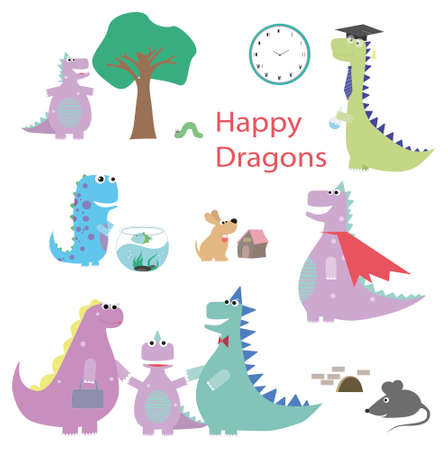 Set of funny dragon character, newborn baby, young and adult, cartoon vector illustration isolated on white background. Cute and funny, childish cartoon style dragon characters, small and adultのイラスト素材