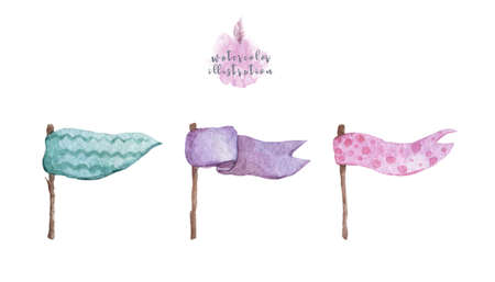 Seamless pattern with pink girlish bunting flags. Cute childish birthday ribbons background. Festal kid partyの写真素材