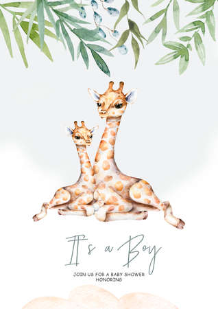 Cute giraffe with flower on head. Watercolor cartoon giraffe isolated tropical animal illustration. Baby shower for twins a boyの写真素材
