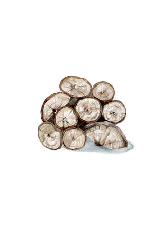 Wood logs for forestry and lumber industry. Illustration of trunks, stump and planks. Hand drawn watercolor isolated on white backgroundの写真素材