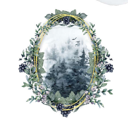 Floral greenery card design: branch green leaves square frame. Wedding invite poster invitation Watercolor hand drawn art illustration. Forest leavesの写真素材