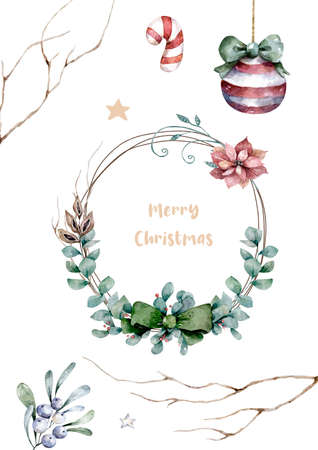 Hand drawn vintage wreath. Watercolor tree branches wreath. Winter vintage frameの写真素材