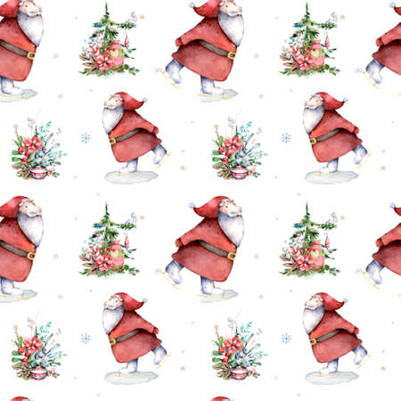 Winter background with skating Santa Claus, snowflakes and fir treesの写真素材