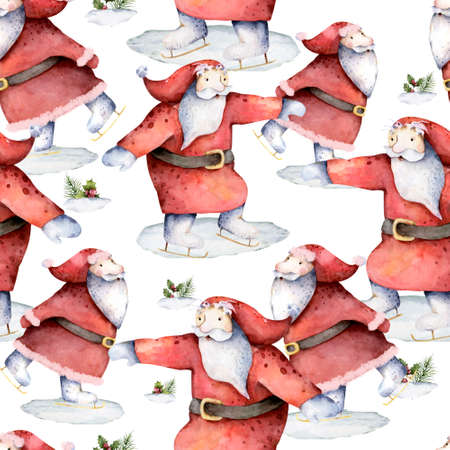 Winter background with skating Santa Claus, snowflakes and fir treesの写真素材