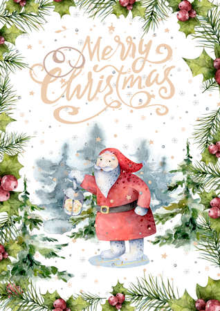 Winter background with skating Santa Claus, snowflakes and fir treesの写真素材