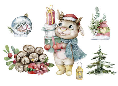 Happy Chinese new year greeting card. 2021 zodiac. Cute cow with gift box. Animal holidays cartoon scandinavian santa character. Hand drawn watercolor illustration isolated on white backgroundの写真素材