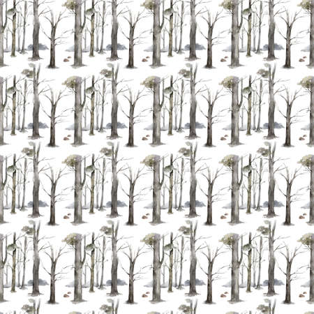 Autumn forest flat hand drawn illustrations set. Woody flora and fauna design elements. Woodland animals and trees clip-arts. Isolated scandinavian decorative nature wildlife creaturesの写真素材