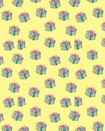 Present box seamless gift pattern. Giveaway holidays repeated pattern present boxes illustration For greeting birthday, celebration card Watercolor clip art, beauty style on white background Geometricの写真素材