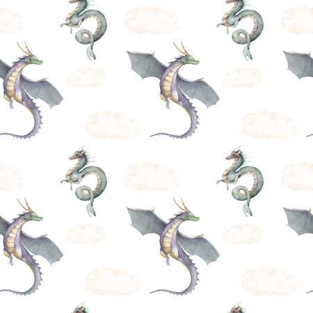 Magic cute baby seamless pattern for girls with fairy castle, dragon, colorful rainbow, princess and other fairy elements andの写真素材