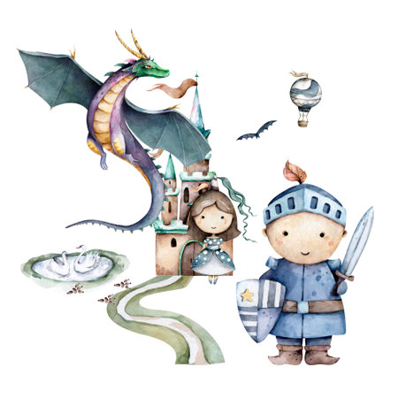 The knight brave cute princess on dragon. Hand drawn watercolor isolated nursery kid cartoon illustration on white backgroundの写真素材