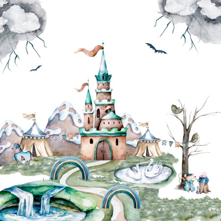 Castle with a high tower and flag. Around the castle forest and mountains. Hand drawn watercolor fairy illustrationの写真素材