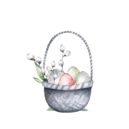 Easter eggs. Cute watercolor cartoon illustration of a basket with eggs and willow on white backgroundの写真素材