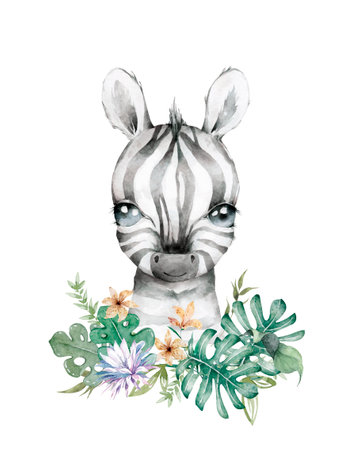 Cute zebra face with palm leaves frame. Hand drawn watercolor isolated illustration with zebra and flowers.の写真素材