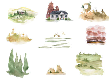 Abstract background with watercolor texture . Mountain landscape painting template illustration. Watercolor splash hillの写真素材