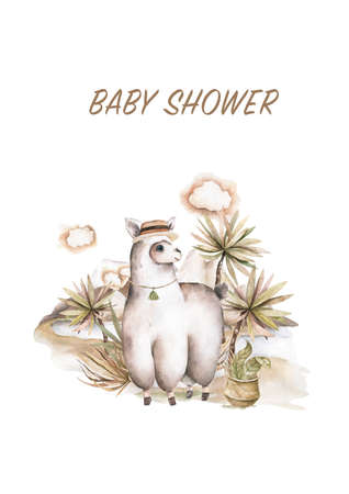 Baby Shower for boy, girl. Cute llamas alpaca characters smiling, walking, in Peru desert landscape with cactuses. Mexican funny lama animal family collection isolated on whiteの写真素材