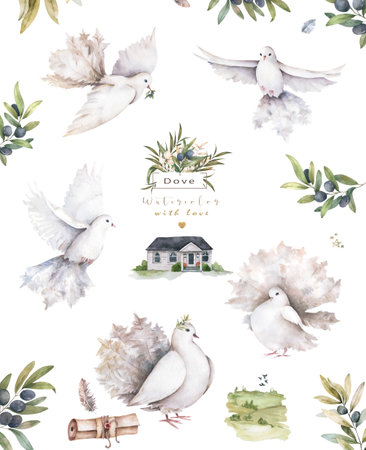 Pigeons watercolor set of flying birds. Hand drawn watercolor isolated illustration for wedding, invite, greeting card Vintage style with ruinsの写真素材