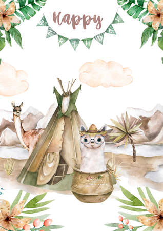 Cartoon lama flat illustrations. Cute llamas alpaca characters smiling, walking, jumping, sleeping in Peru desert landscape with cactuses. Mexican funny lama animal collection isolatedの写真素材