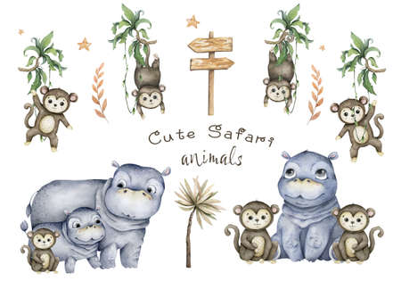 Cartoon trendy style african animals set. monkey with hippo. Closed eyes and cheerful mascots. wildlife cute watercolor illustrations.の写真素材