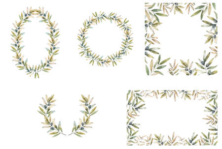 Wreath set laurel, oak, wheat, leaves and olive. Circle frame, square banner, backgroundの写真素材