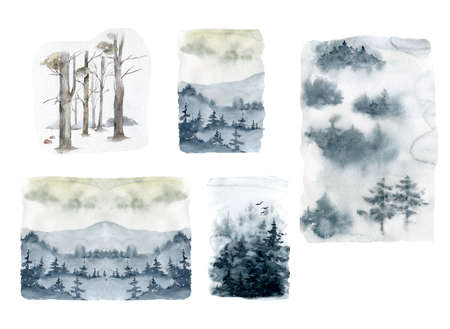 Forest set of wilderness landscape. Template for your design works. Hand drawn watercolor isolated illustration.の写真素材
