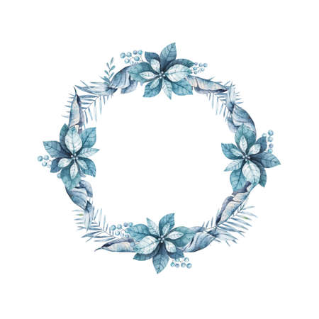 Christmas wreath with blue bow. Hand drawn watercolor isolated floral leaves on circle frame on white backgroundの写真素材