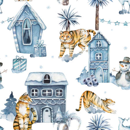 Seamless pattern with exotic animals.Cute tigers. Nature jungle pattern. Childish style.Symbol of 2022. Hand drawn watercolor illustrationの写真素材