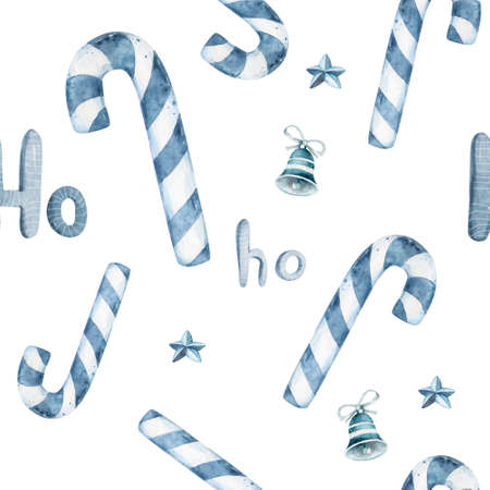 Christmas seamless blue pattern with candy canes, christmas socks and snowflakes. Background for wrapping paper, fabric print, greeting cards designの写真素材