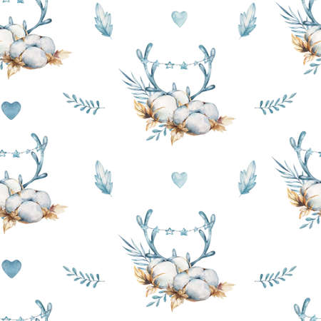 Cotton pattern. Dry branch and seed pods isolated on white background. Eco product illustration. Cotton flower buds in vintage style. Botanical art .Watercolor isolated winter illustrationの写真素材