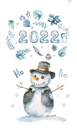 Christmas with snowman and snowflakes. Hand drawn watercolor isolated illustration on white backgroundの写真素材
