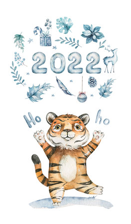 Cute tigers. Nature jungle pattern. Childish style.Symbol of 2022. Hand drawn watercolor illustrationの写真素材