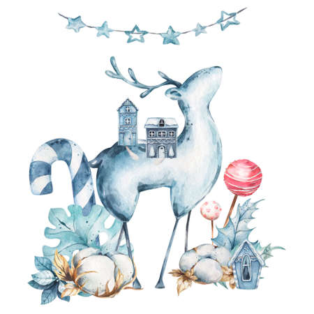 Happy chinese new year 2022 Winter deer set holding gold blessing chinese new year. Hand drawn watercolor isolated illustraton for cardの写真素材