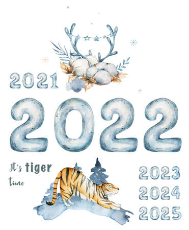Seamless pattern with exotic animals.Cute tigers. Nature jungle pattern. Childish style.Symbol of 2022. Hand drawn watercolor illustrationの写真素材